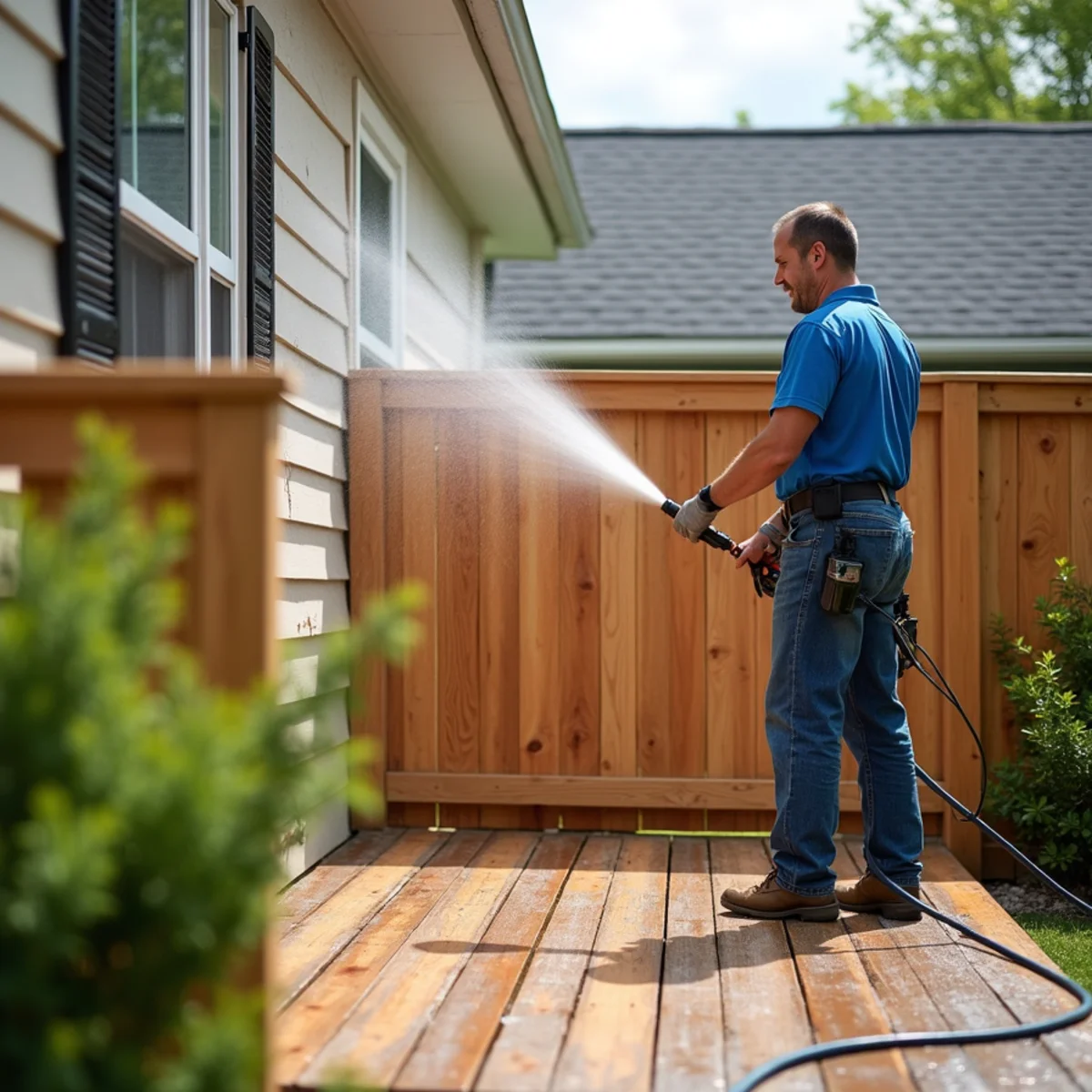 Wood deck and cedar fence being gently soft washed at low pressure to lift grey weathering and mildew.