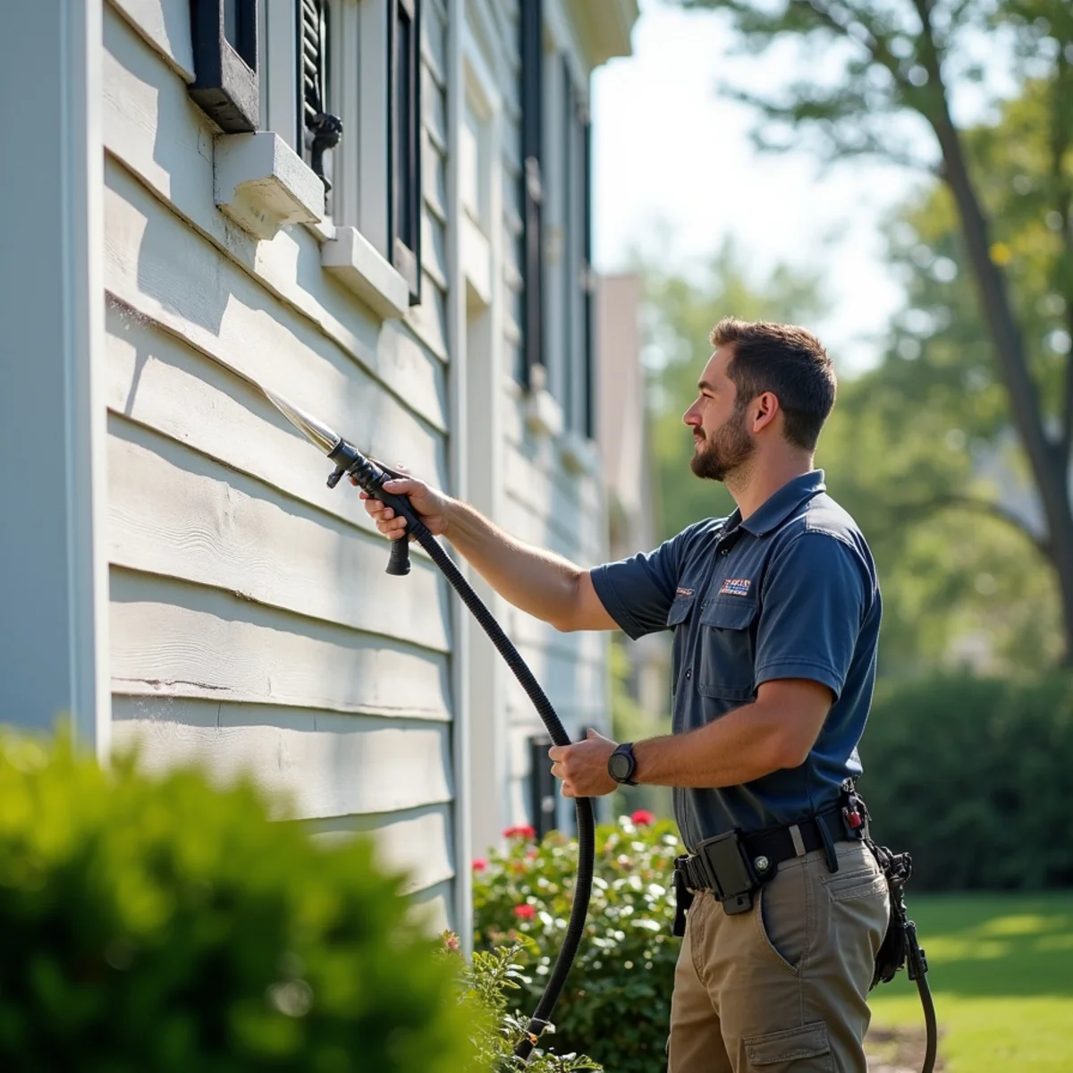 Technician soft washing light-colored siding on a New England Colonial home.