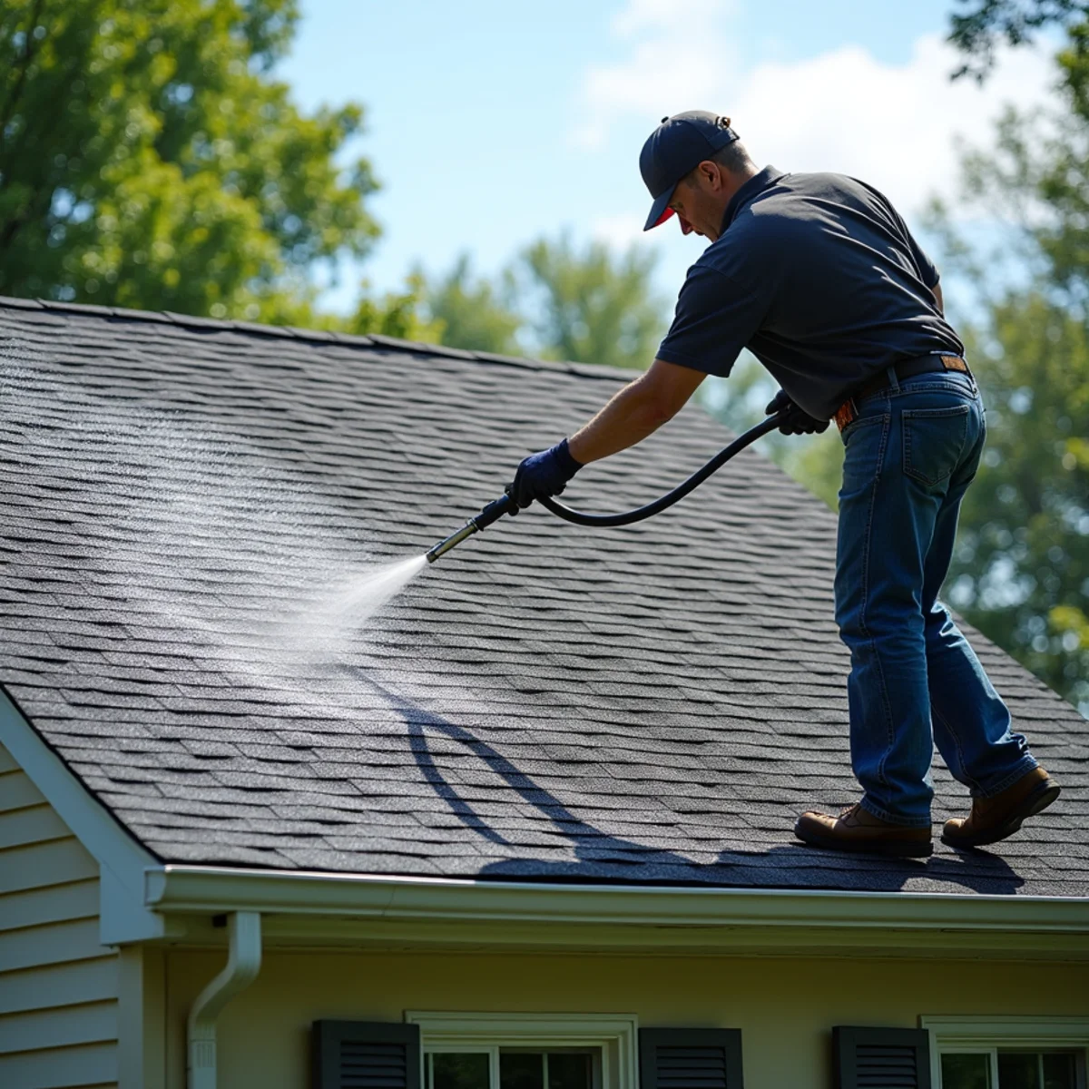 Roof-safe soft washing removing black algae streaks from an asphalt-shingle roof.