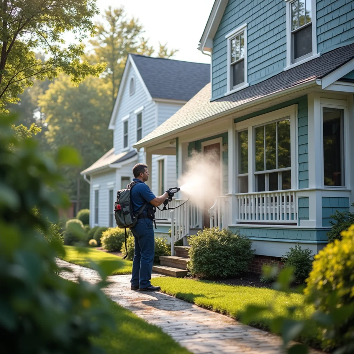 Soft-wash system applying biodegradable solution at low pressure to delicate siding.